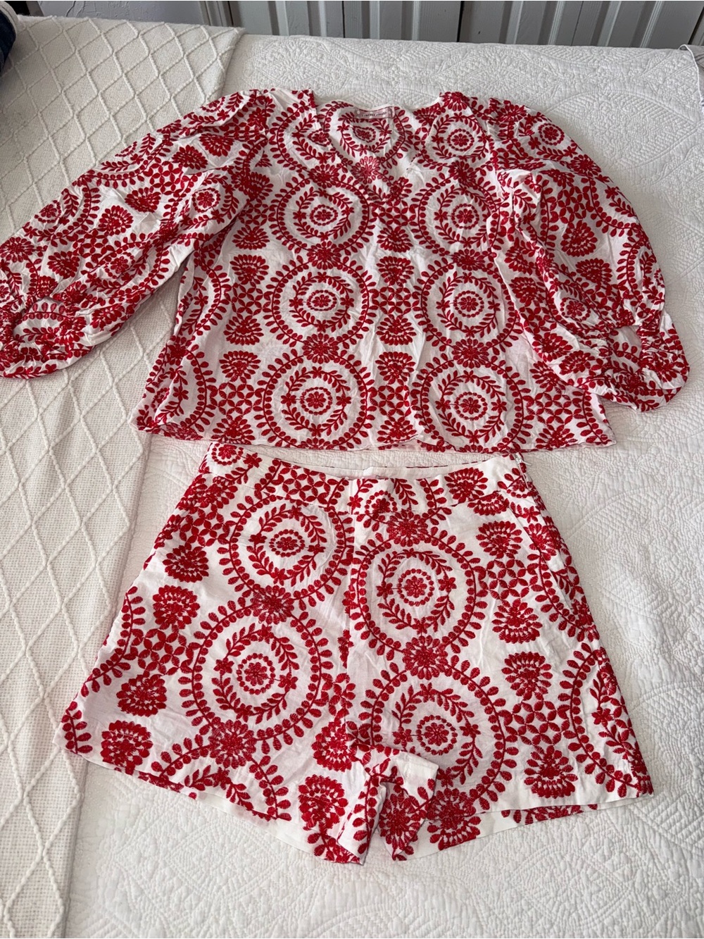 Traffic People White Dress with Red Floral Embroidery